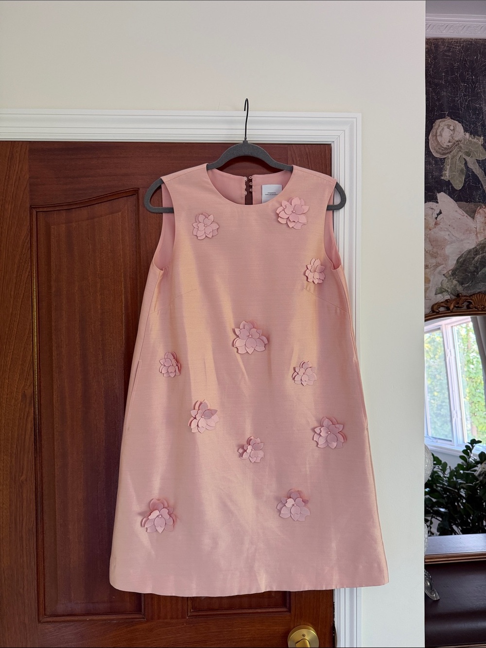 Luminere Beaded Floral Applique Sleeveless Short Dress in Silk-Wool Satin